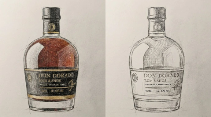 El concepto de marca de Don Dorado gira en torno al oro, profundidad, calidez y experiencia de ron premium.