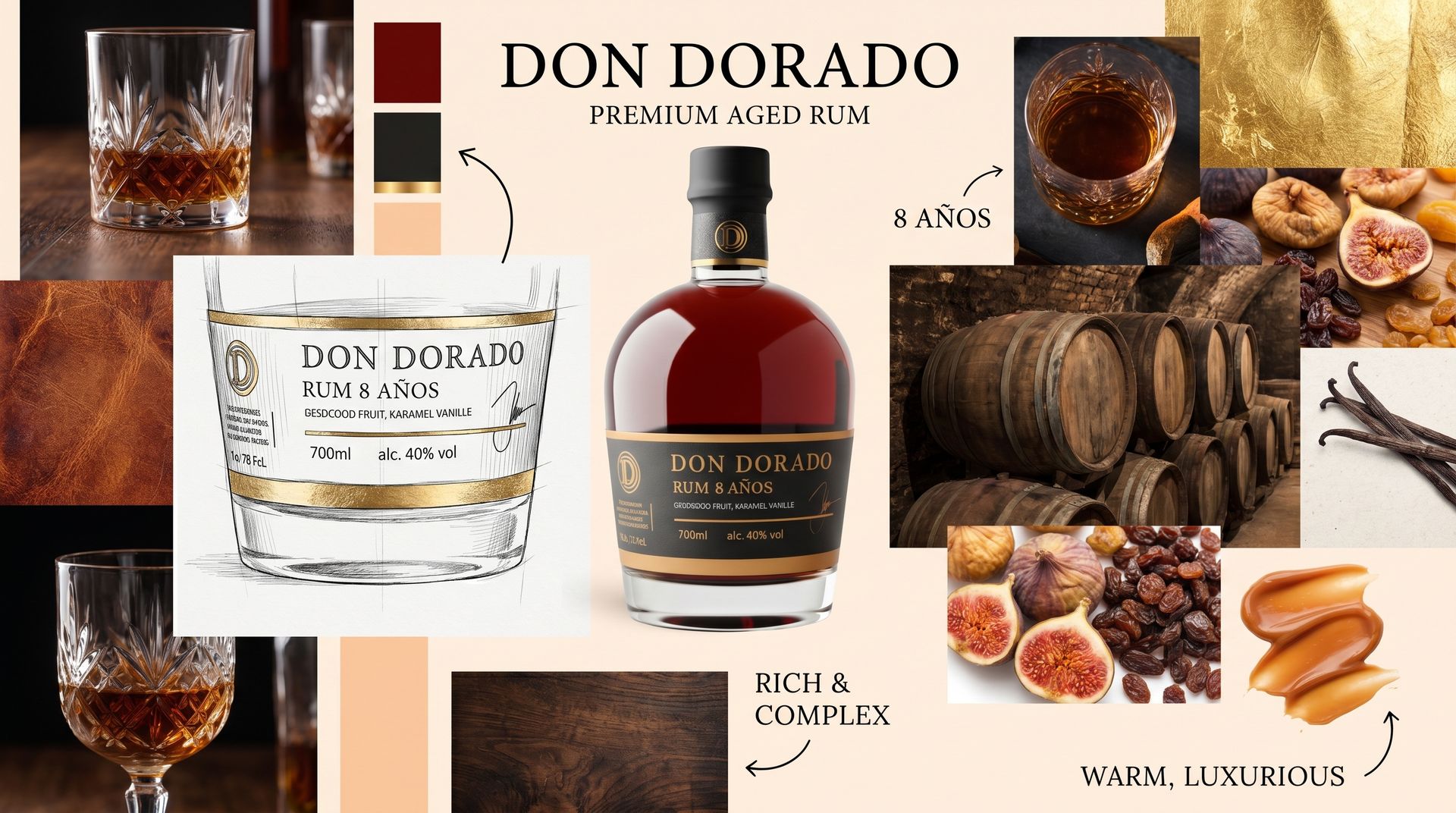 Concepto de marca y moodboard para Don Dorado Ron 8 Años