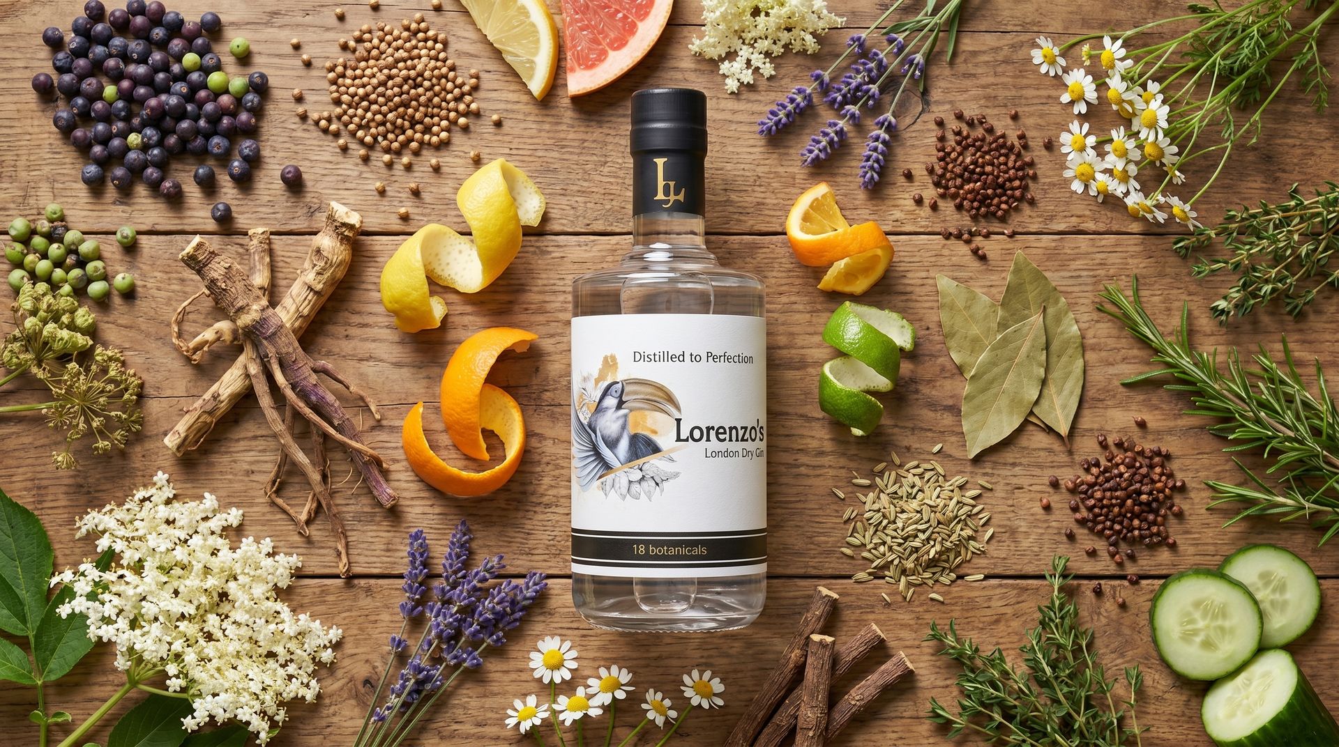 Etiqueta Lorenzo’s Gin con tucán