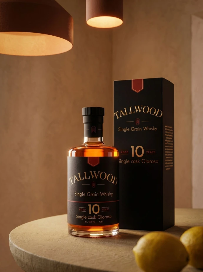 Etiqueta Tallwood Whisky 10 Años diseñada por NewSpirits
