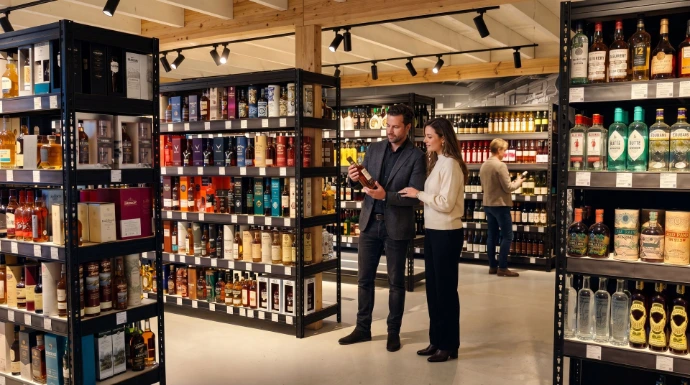 Los visitantes exploran la selección de cervezas artesanales y licores en la tienda de Brouwhoeve.