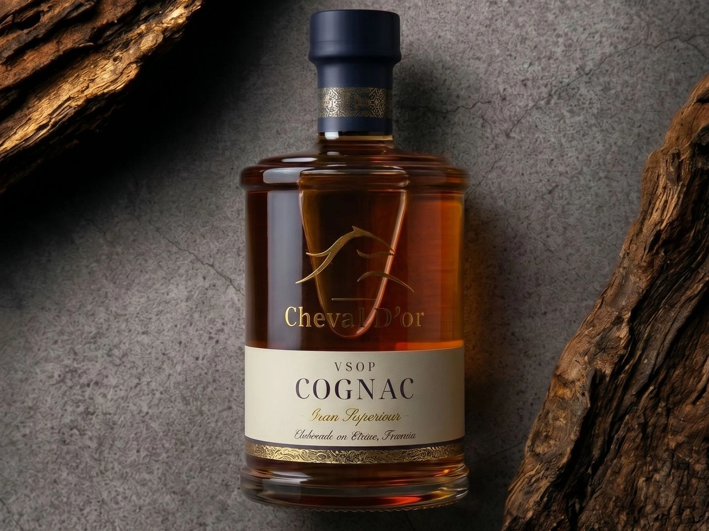 Premium cognacfles met gouden details en klassieke uitstraling
