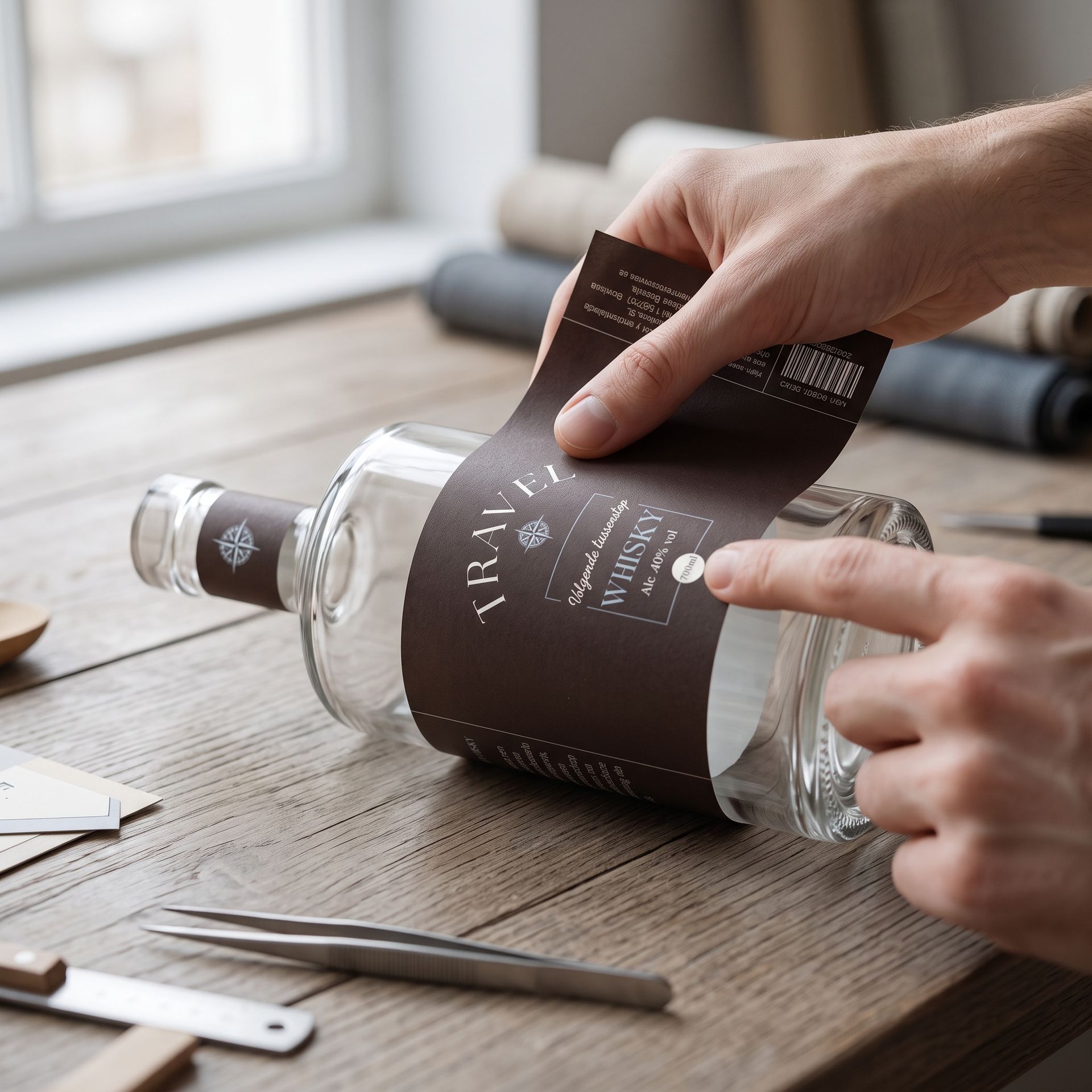 Het aanbrengen van een gepersonaliseerd etiket op een private label drankfles