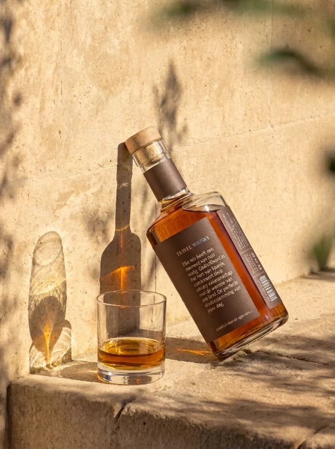 Gedetailleerd etiket ontwerp en bedrukking voor private label whisky fles