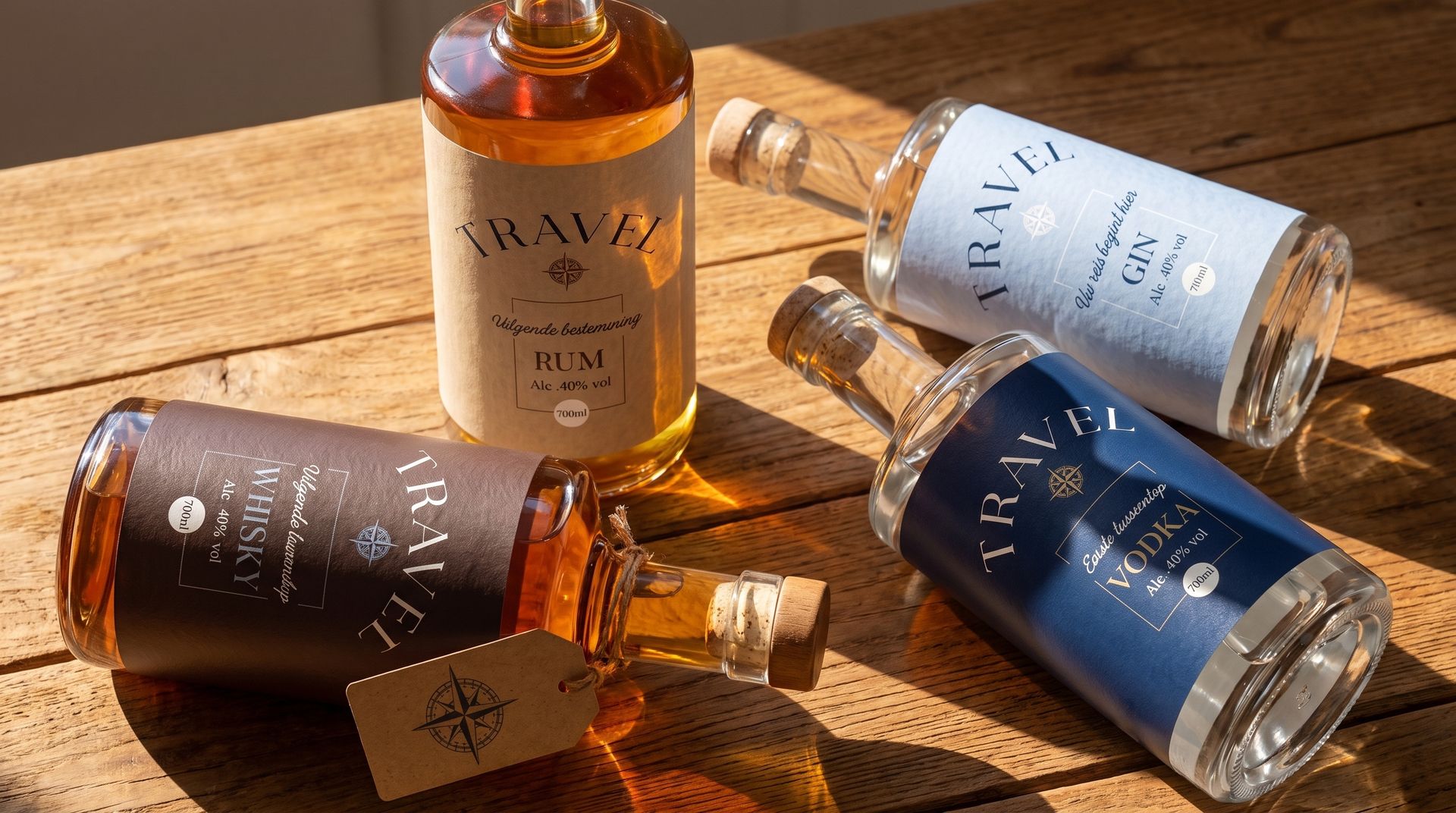 Exclusieve flessen gin en wodka van een eigen premium drankenmerk op een houten tafel