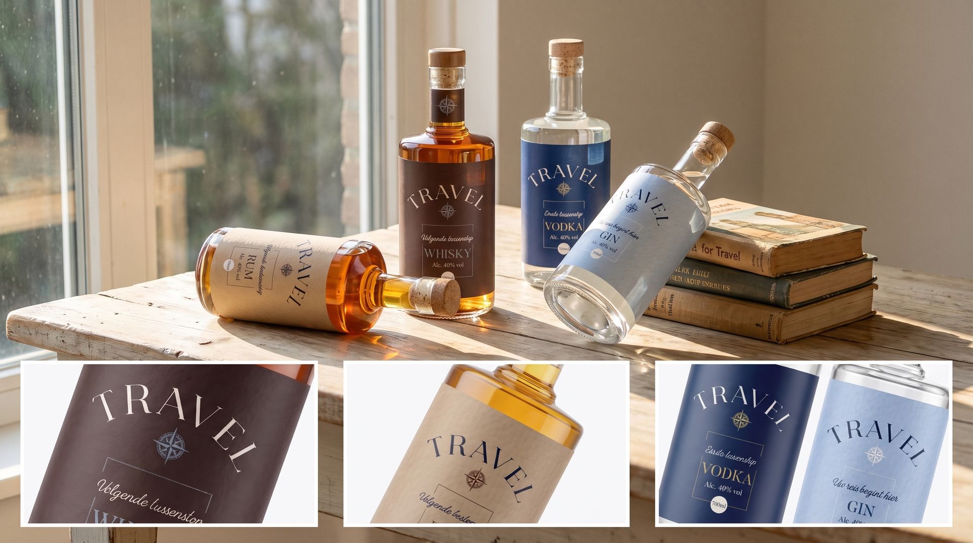 Complete private label drankenlijn met gepersonaliseerde etiketten voor whisky, rum, wodka en gin