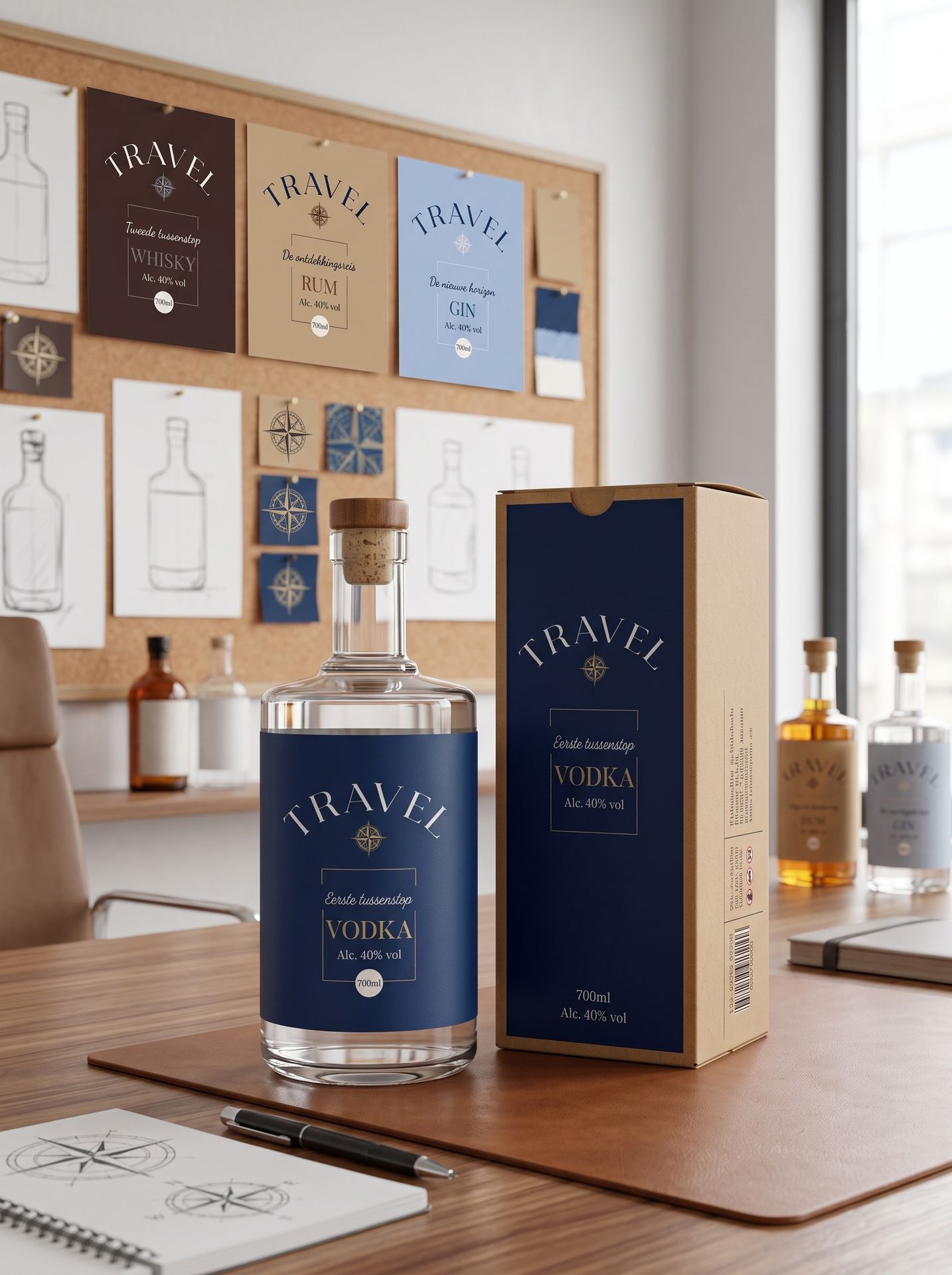 Private label premium wodka fles en luxe geschenkdoos met gepersonaliseerd blauw etiket