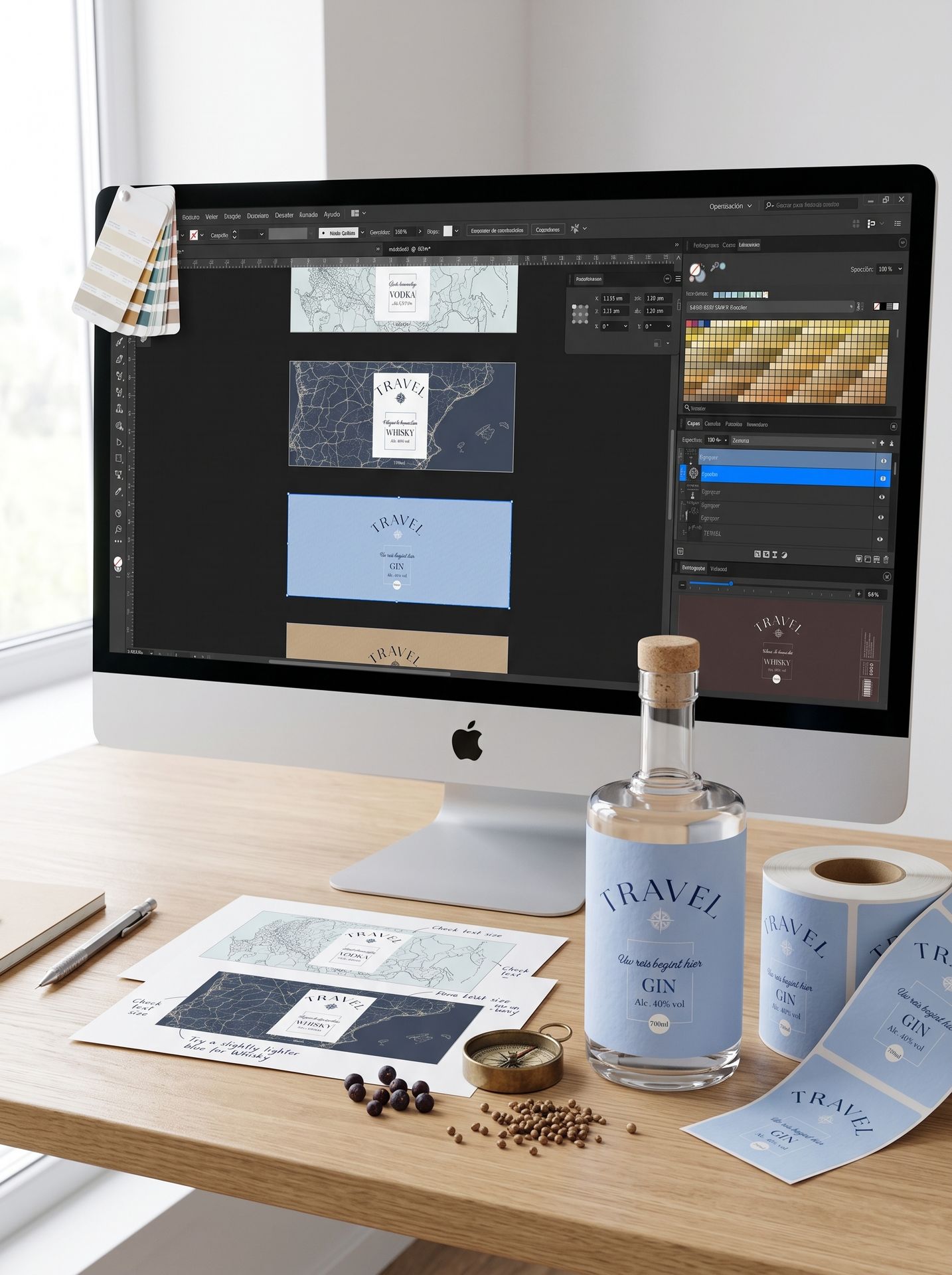 Digitaal ontwerp van een gepersonaliseerd etiket voor premium dry gin op het scherm