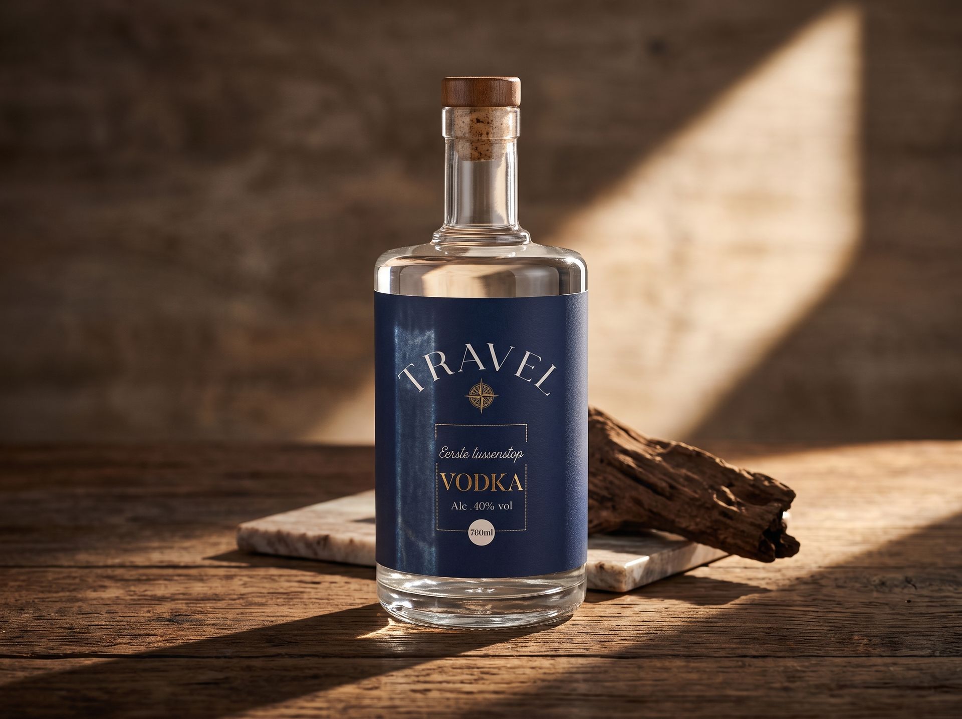 Stappenplan van idee naar eigen merk met een private label vodka fles op houten tafel en gin in een stenen nis