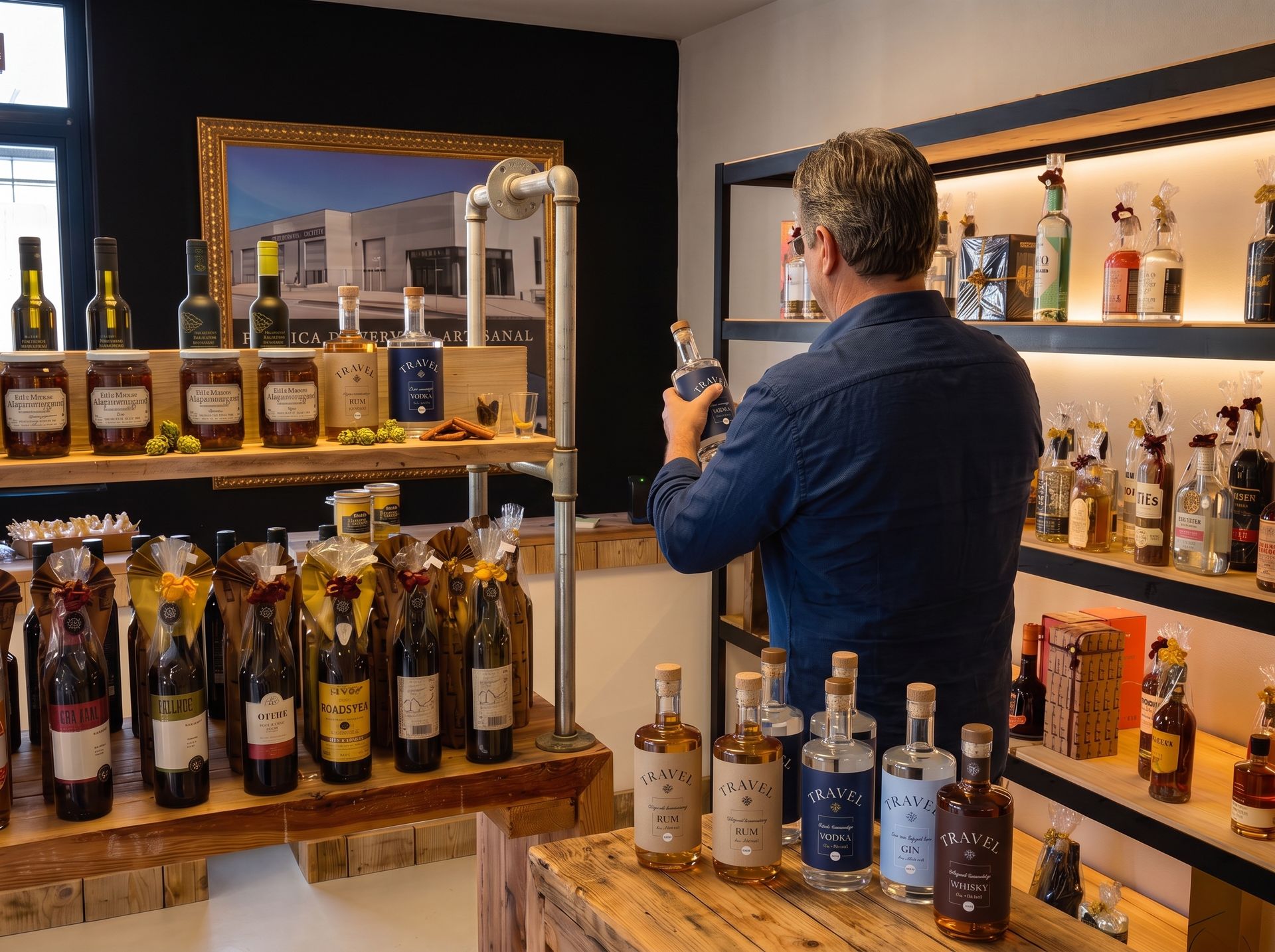 Slijterij eigenaar bekijkt private label drankflessen in de winkel