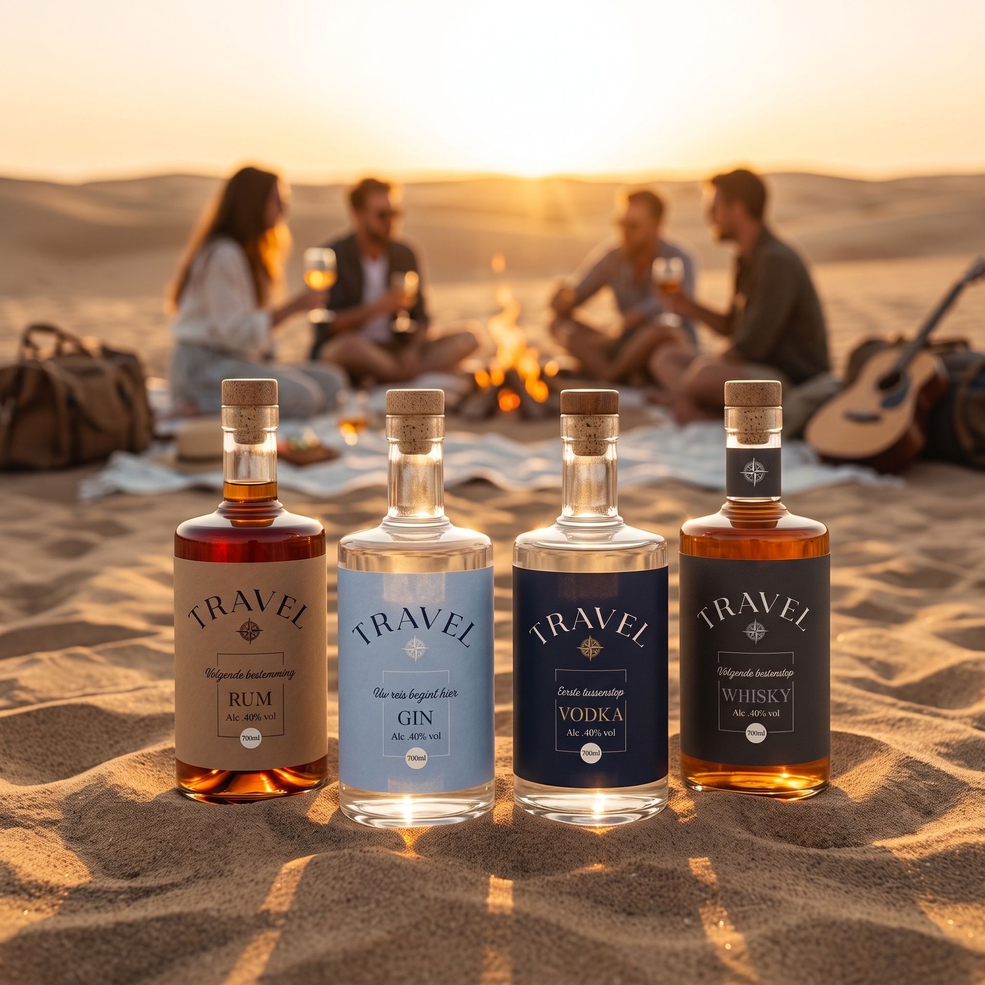 Vier private label dranken op het zand met vrienden bij een kampvuur