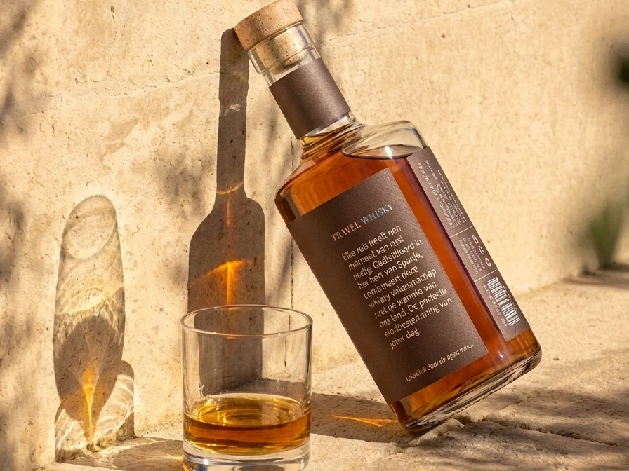 Gedetailleerd etiket ontwerp en bedrukking voor private label whisky fles