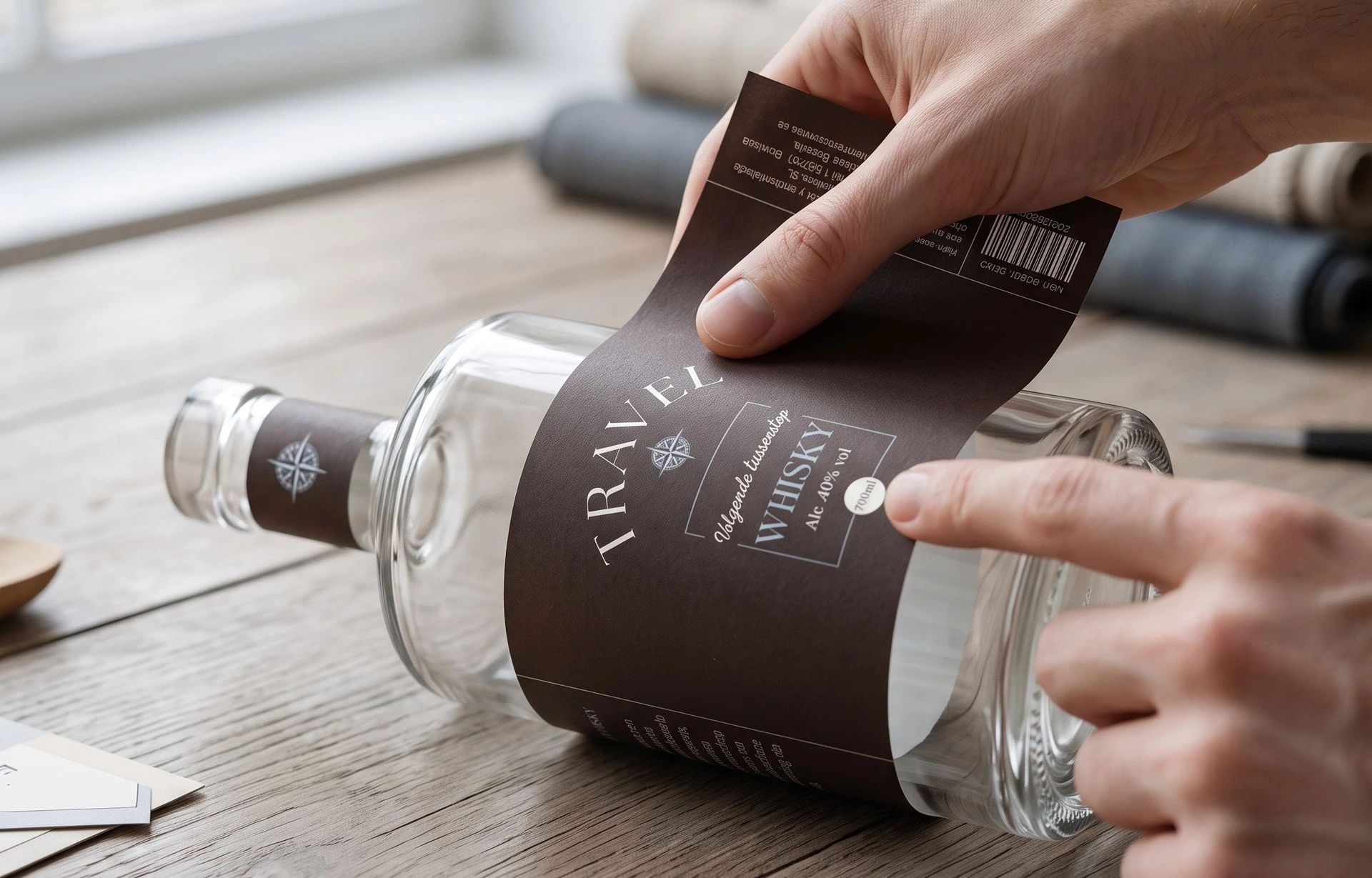 Het aanbrengen van een gepersonaliseerd etiket op een private label drankfles
