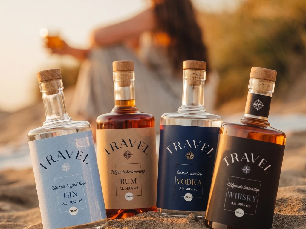 Gedetailleerd etiket ontwerp en bedrukking voor private label whisky fles