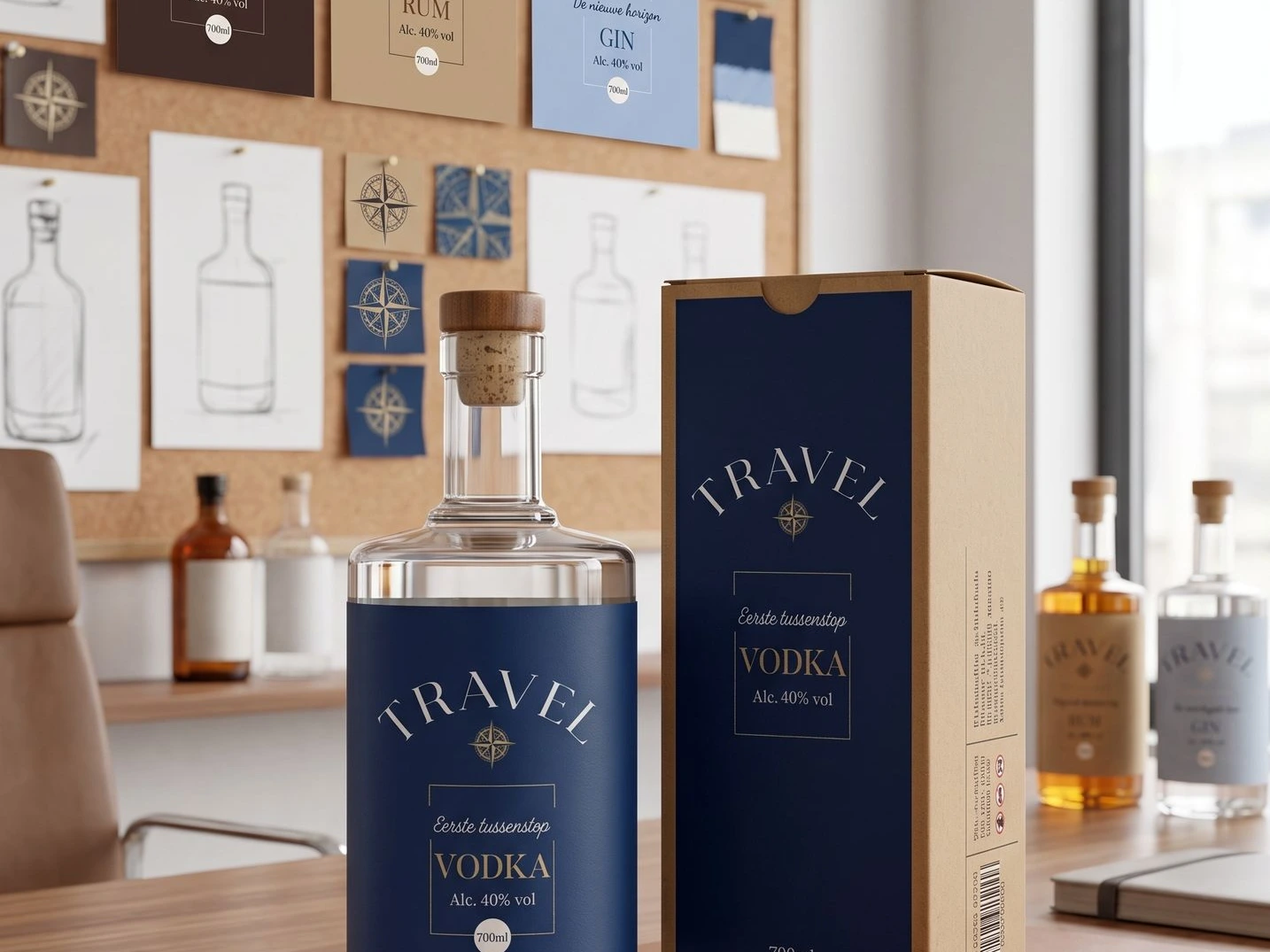 Private label premium wodka fles en luxe geschenkdoos met gepersonaliseerd blauw etiket