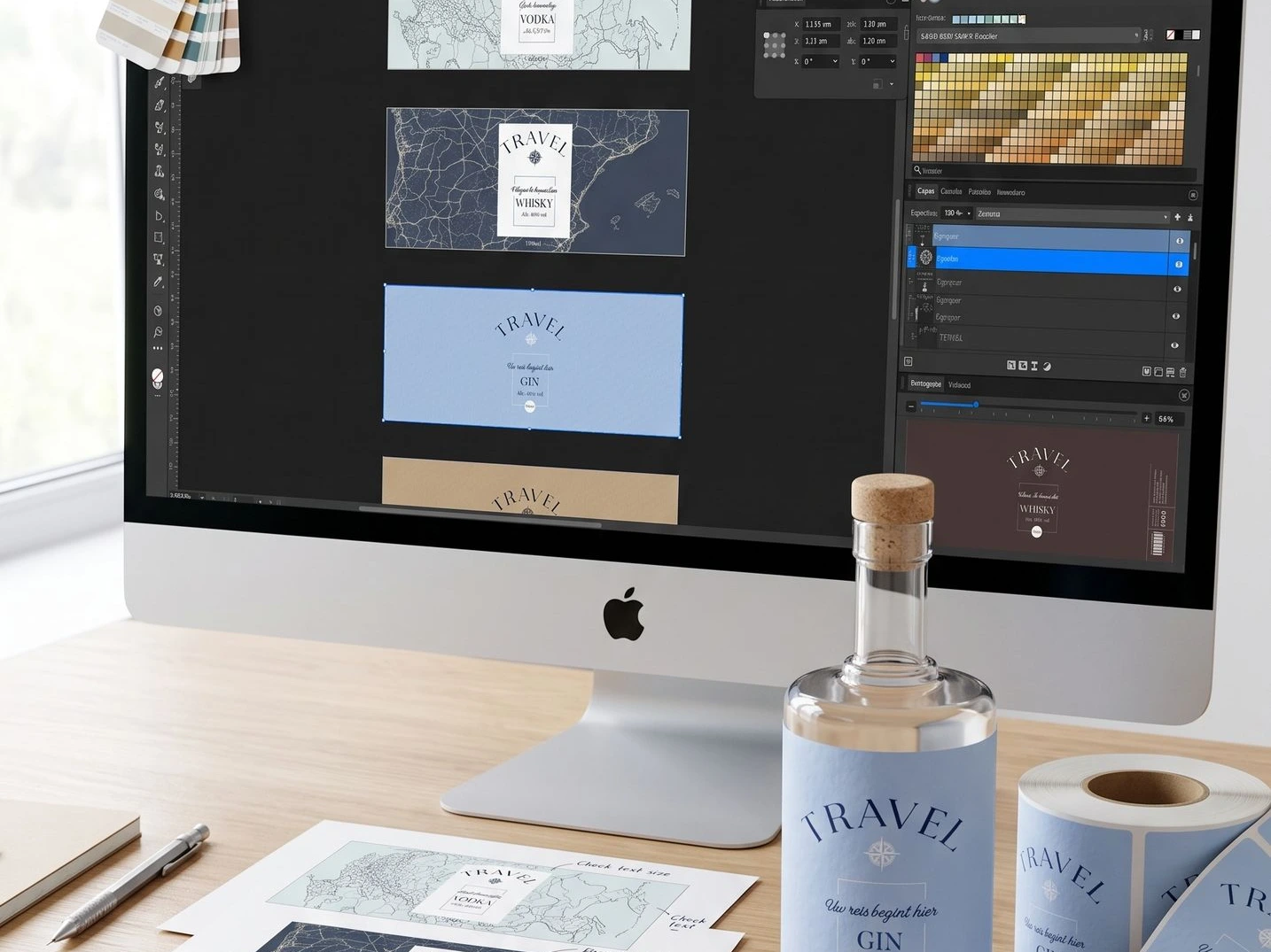 Digitaal ontwerp van een gepersonaliseerd etiket voor premium dry gin op het scherm
