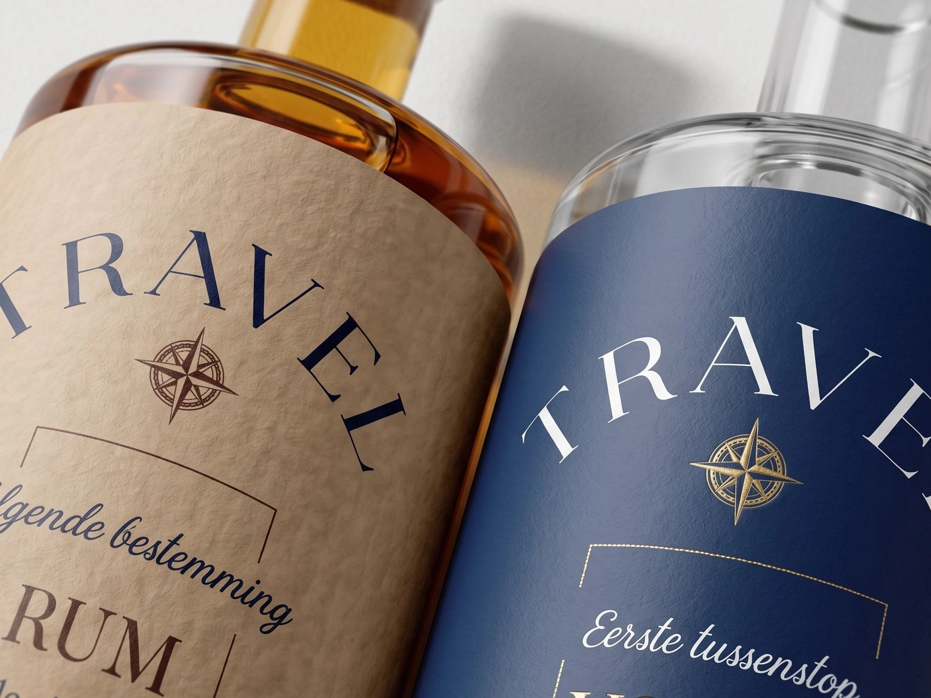 Gedetailleerd etiket ontwerp van private label gin, rum, wodka en whisky flessen