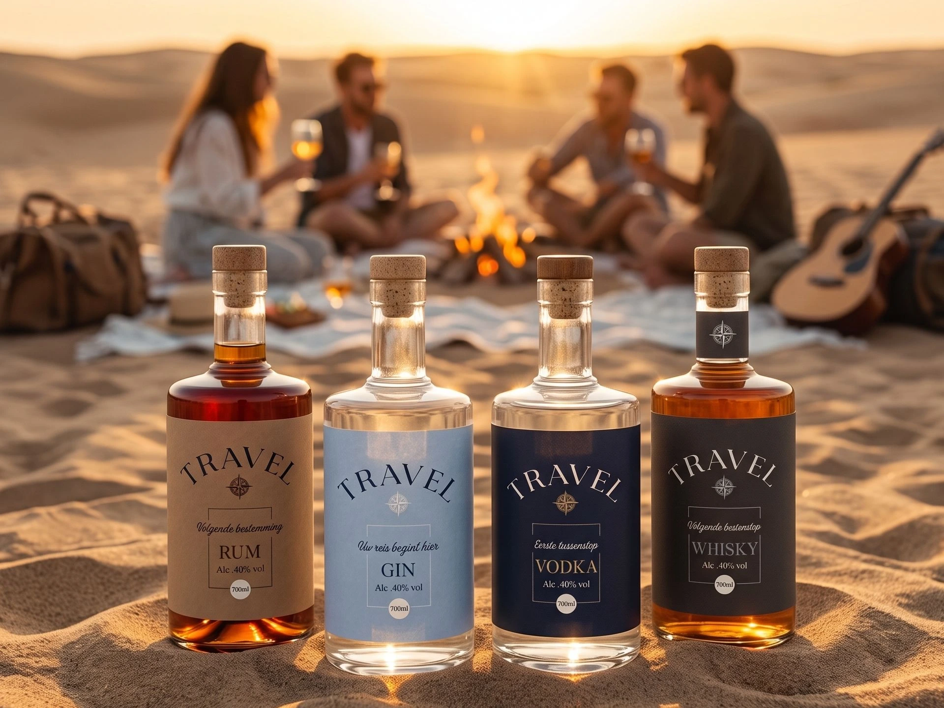 Vier private label dranken op het zand met vrienden bij een kampvuur