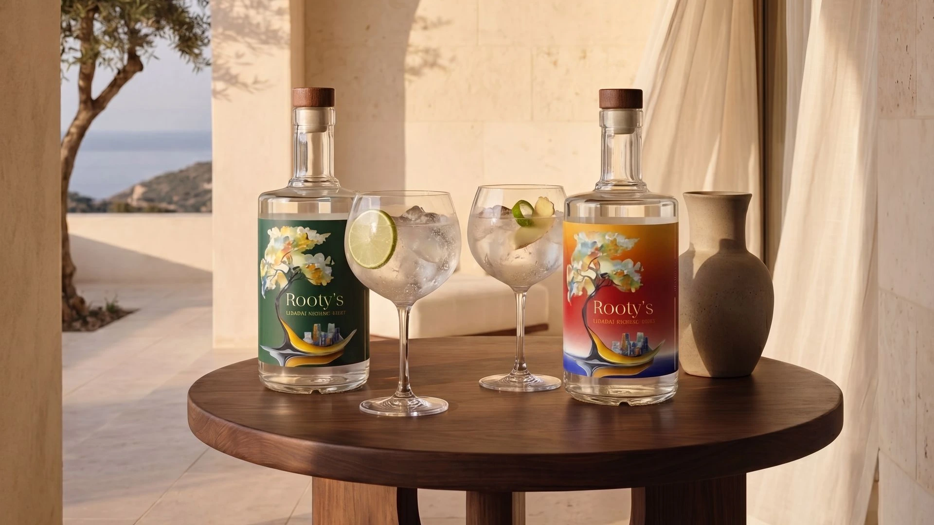 Rooty's gin flessen op tafel met artistiek etiketontwerp en gin-tonics