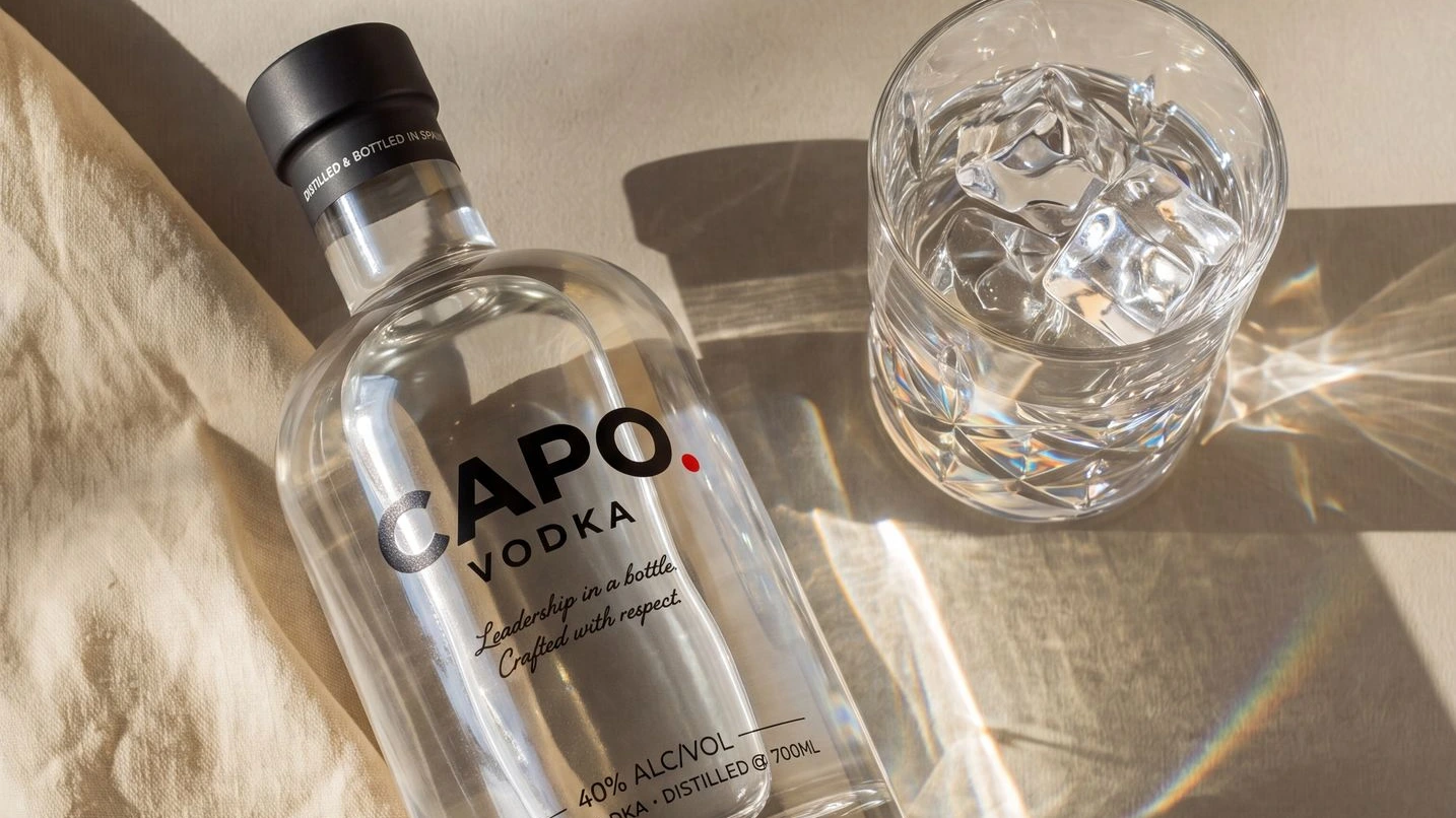 Capo Vodka transparante fles met strak minimalistisch etiket en glas water met ijs