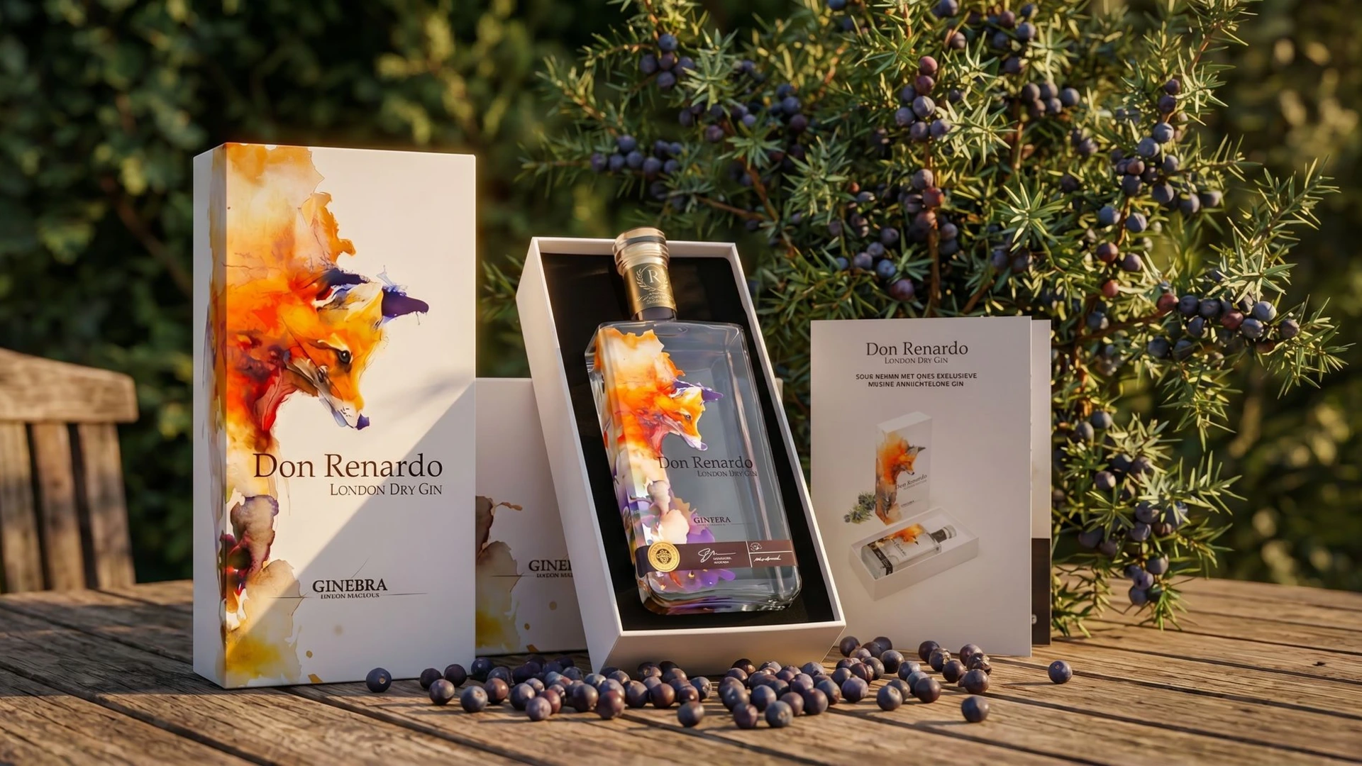 Don Renardo London Dry Gin met kleurrijk aquarel etiket en luxe geschenkdoos