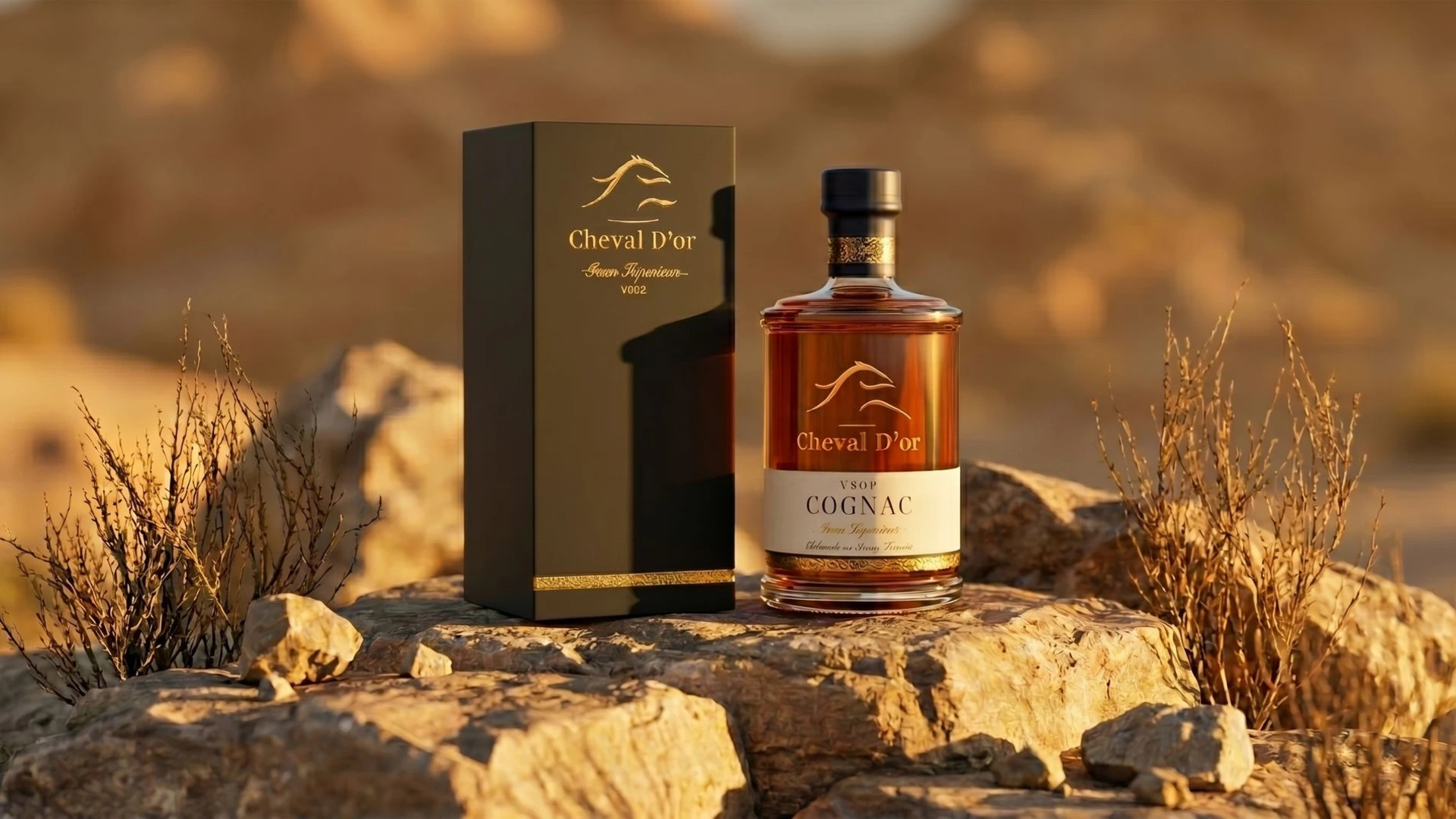 Cheval d'Or cognac fles en luxe zwarte verpakkingsdoos in high-end stijl