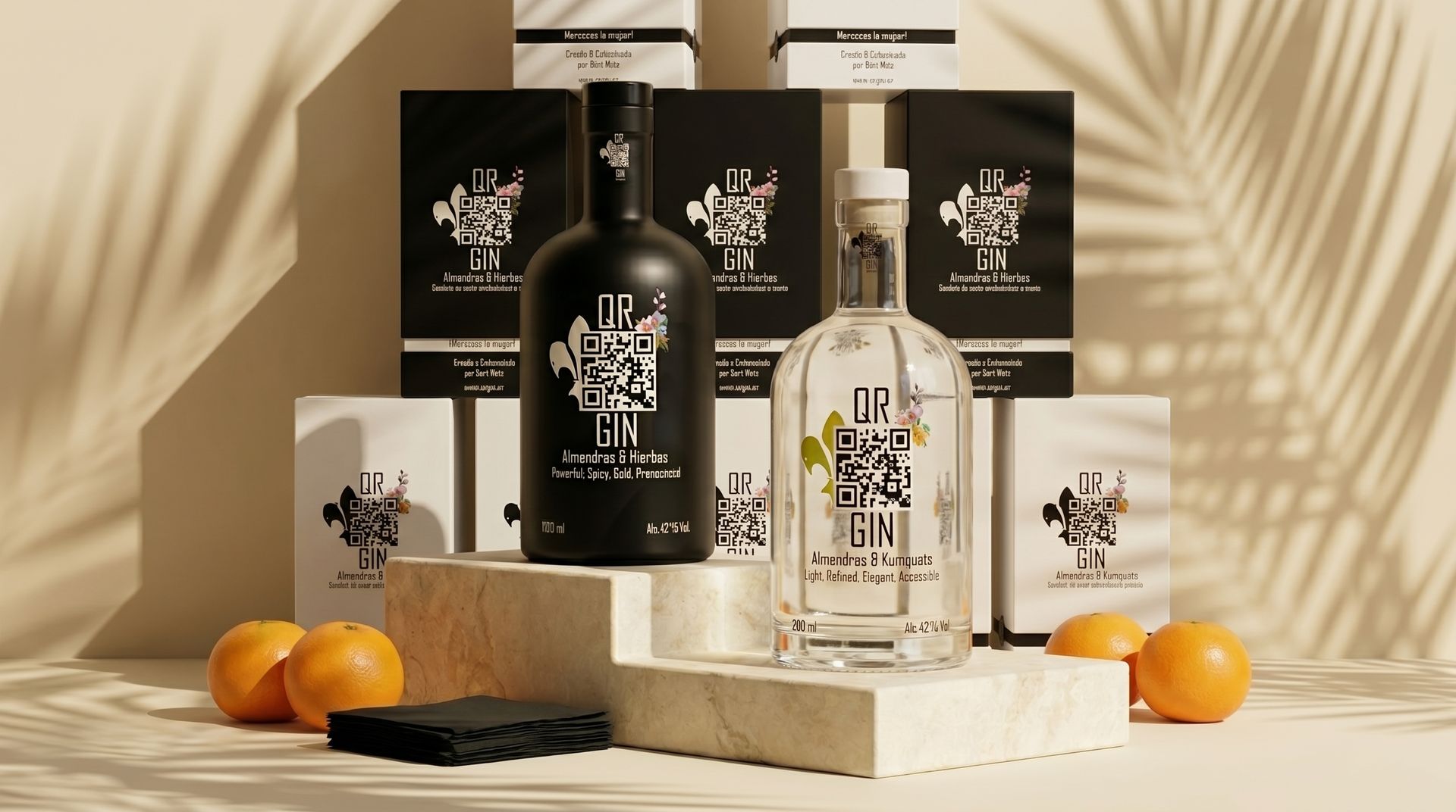Productpresentatie QR Gin met QR-code op het etiket Zwarte en transparante flessen QR Gin omringd door geschenkdozen en verse sinaasappels op een stenen verhoging.
