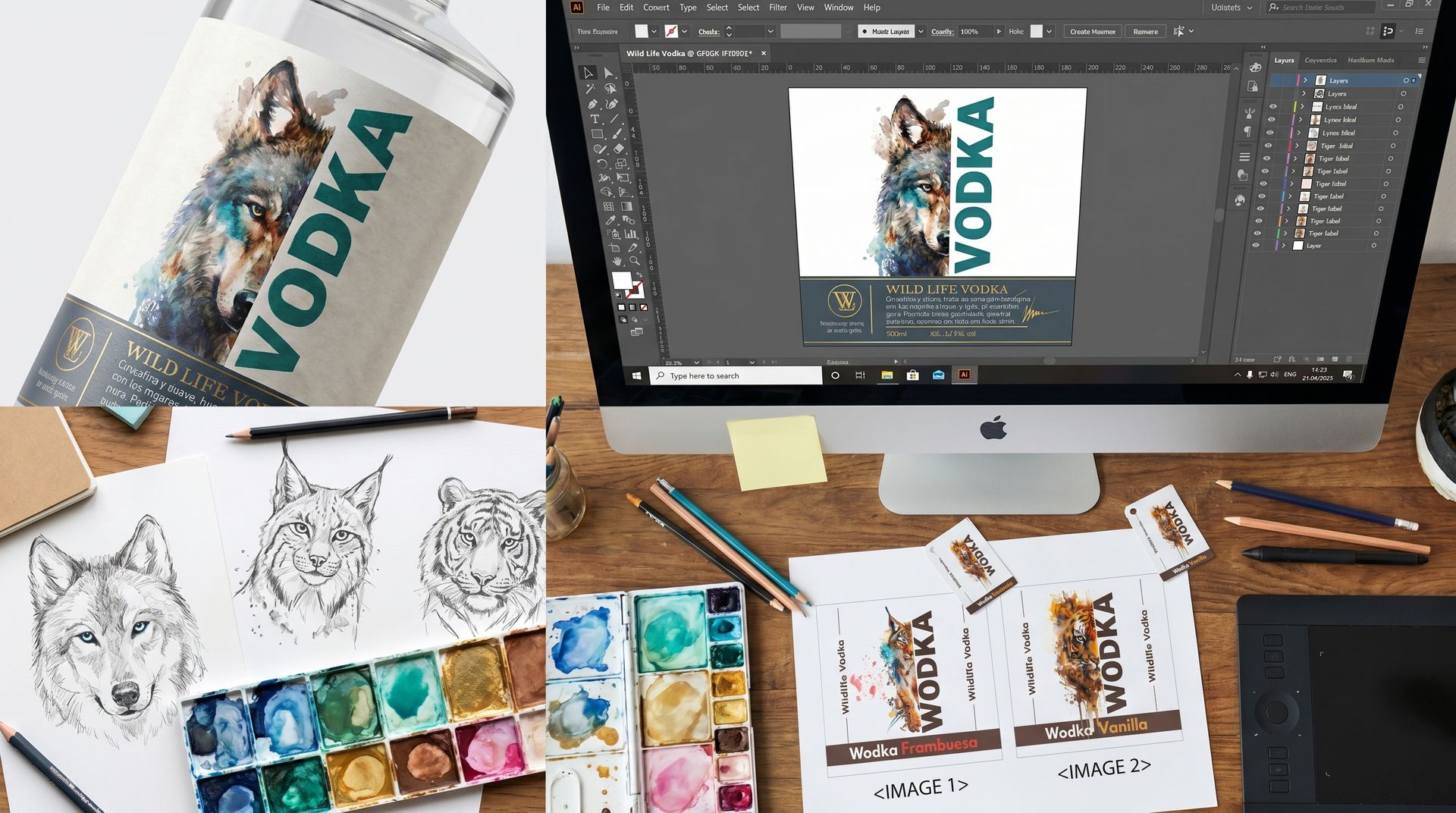 Grafisch ontwerpproces en aquarelillustratie voor vodka Digitale werkplek met potloodschetsen van wilde dieren, waterverf palet en etiketontwerp voor Wildlife Vodka.