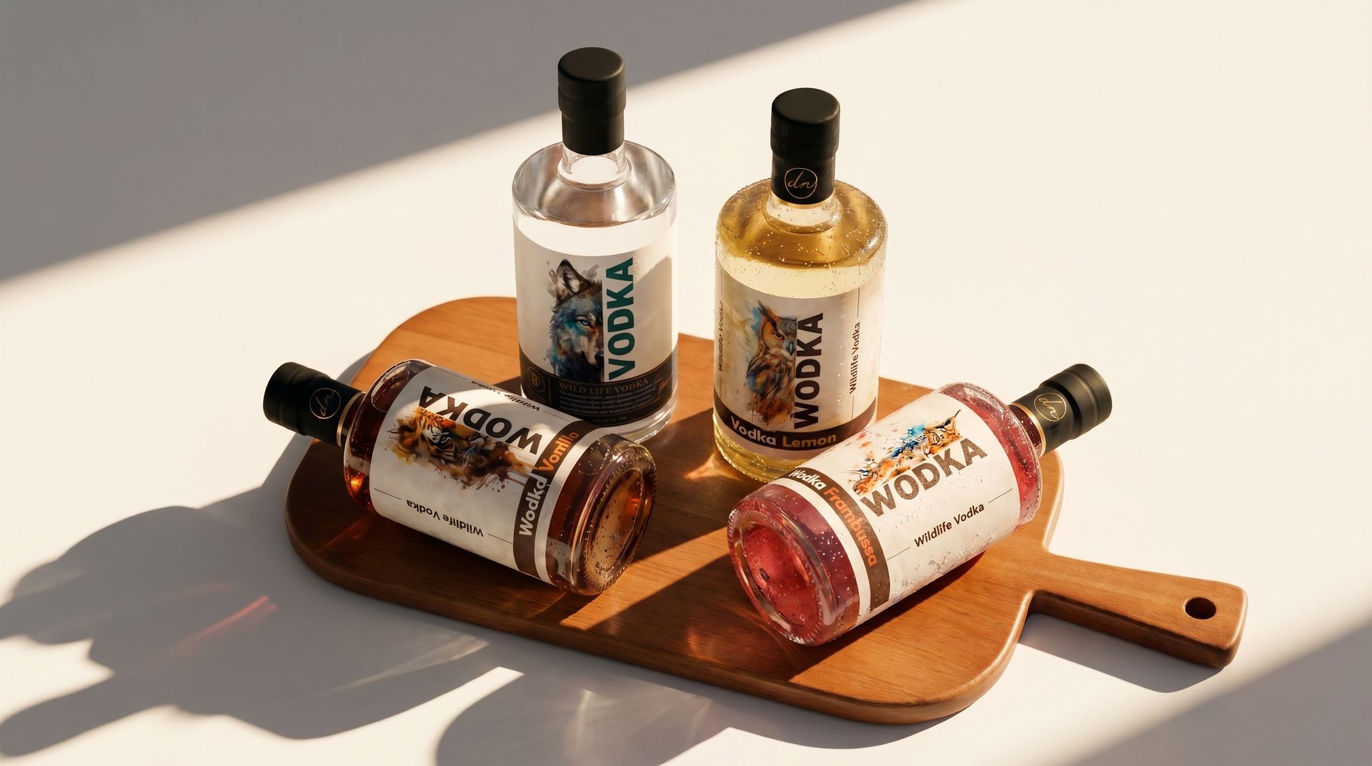 Smaakassortiment Wildlife Vodka op een houten plank Vier flessen smaakvodka met geïllustreerde dierenetiketten gepresenteerd op een houten snijplank.