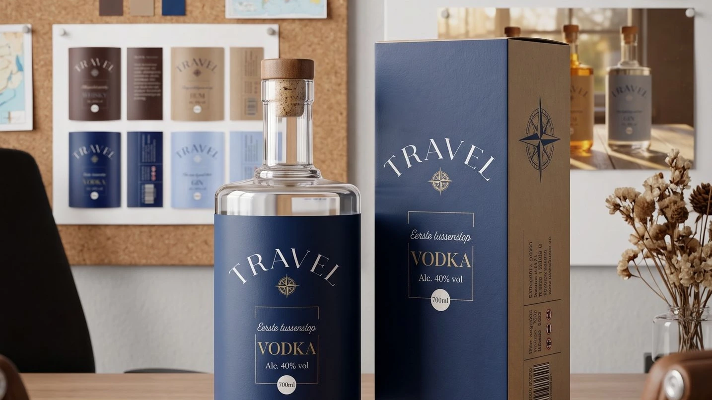 Vier flessen smaakvodka met geïllustreerde dierenetiketten gepresenteerd op een houten snijplank. Glazen vodkafles met marineblauw etiket en bijbehorende geschenkdoos voorzien van een kompasroos logo.